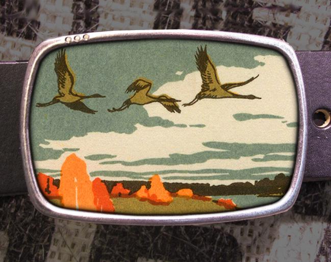 Vintage Flying Geese Leather Belt Buckle Offset Screen Print Duck Hu Regan Flegan