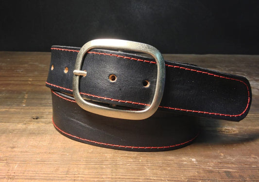 Black Leather Belt with Red Stitching and Antique Silver or Brass Buckle