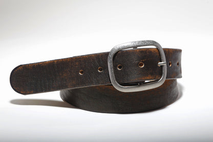 Vintage Distressed Black Brown Leather Belt with Antique Silver or Brass Buckle