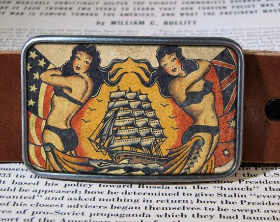 Vintage Ship Tattoo Belt Buckle