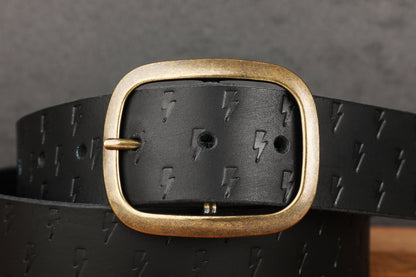 Black Leather Belt with Embossed Lightning Bolts and Antique Brass Buckle