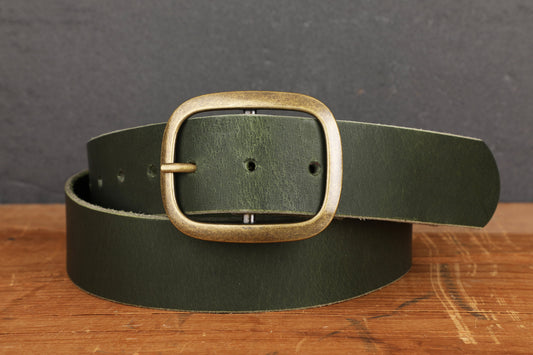 Forest Green Leather Belt with Antique Brass Buckle