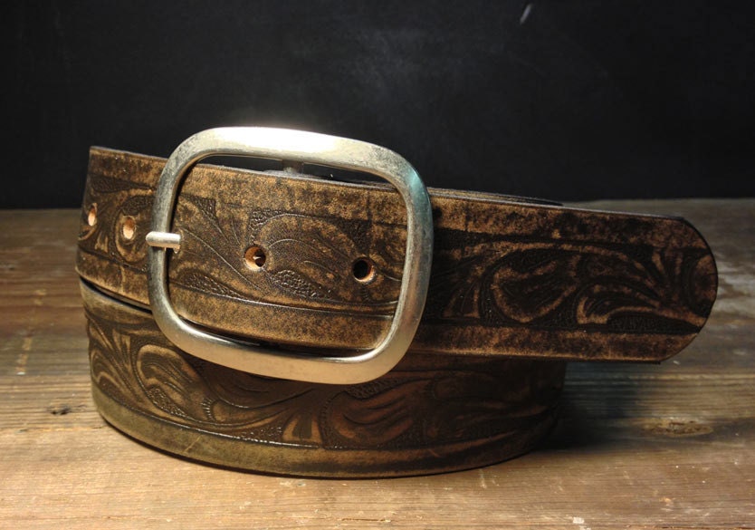 Western Embossed Leather Belt with Antique Brass or Antique Silver Buckle