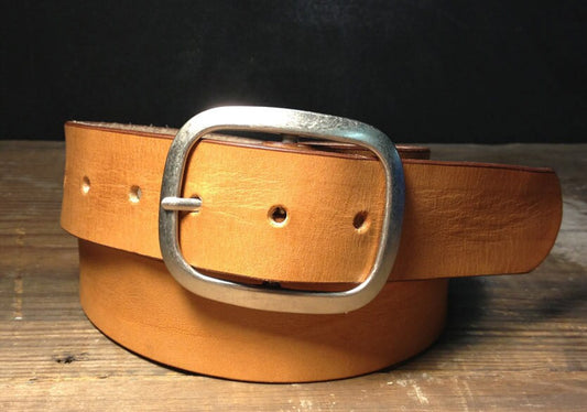 Nude Tan Leather Belt with Antique Silver or Brass Buckle