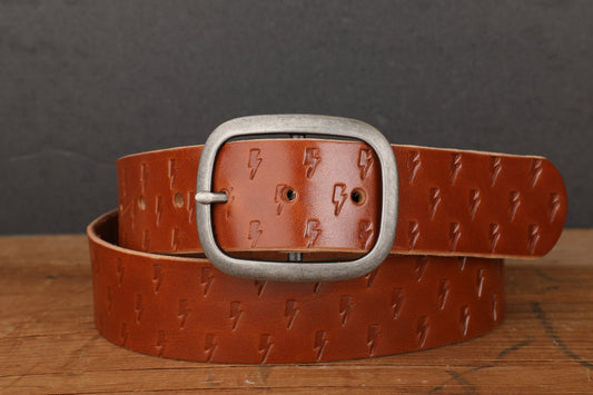 Medium Brown Bridle Leather Belt with Embossed Lightning Bolts and Antique Silver Buckle