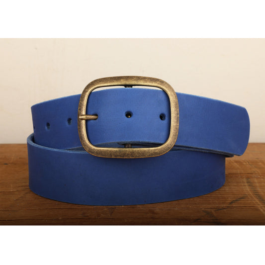 Electric Blue Leather Belt with Gold Tone Antique Brass Belt Buckle