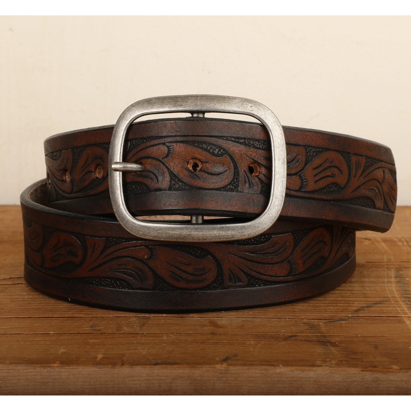 Western Embossed Leather Belt with Antique Brass or Antique Silver Buckle