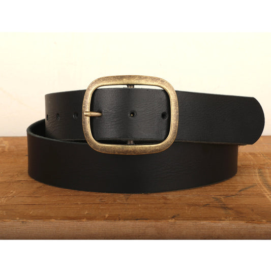 Black Leather Belt with Gold Tone Antique Brass Belt Buckle