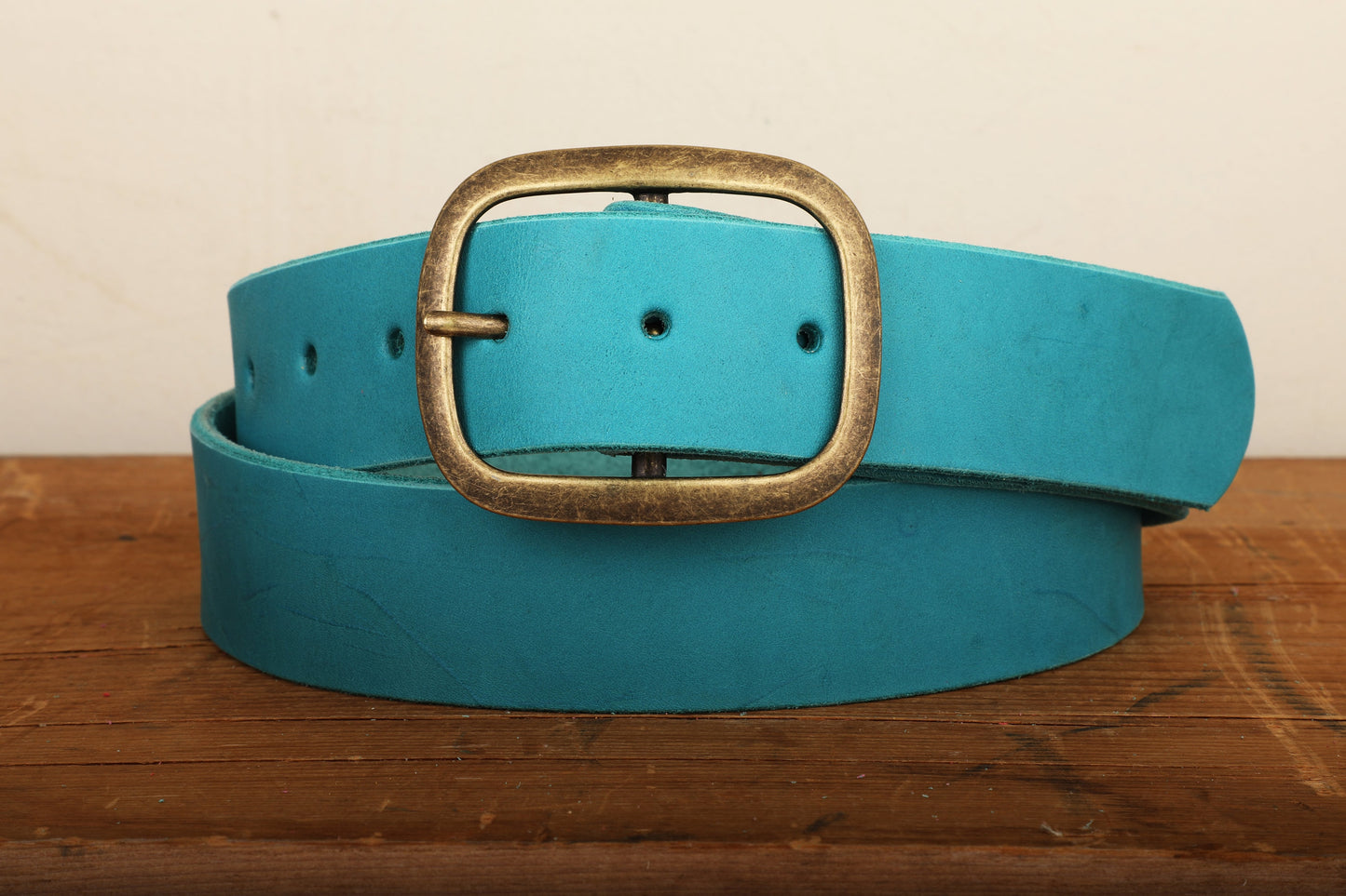 Turquoise Leather Belt with Antique Gold Tone Brass Buckle