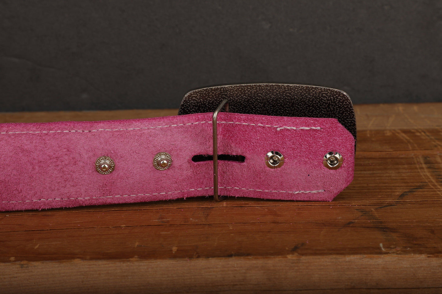 Pink Leather Belt with White Stitch and Antique Gold Tone Brass Buckle