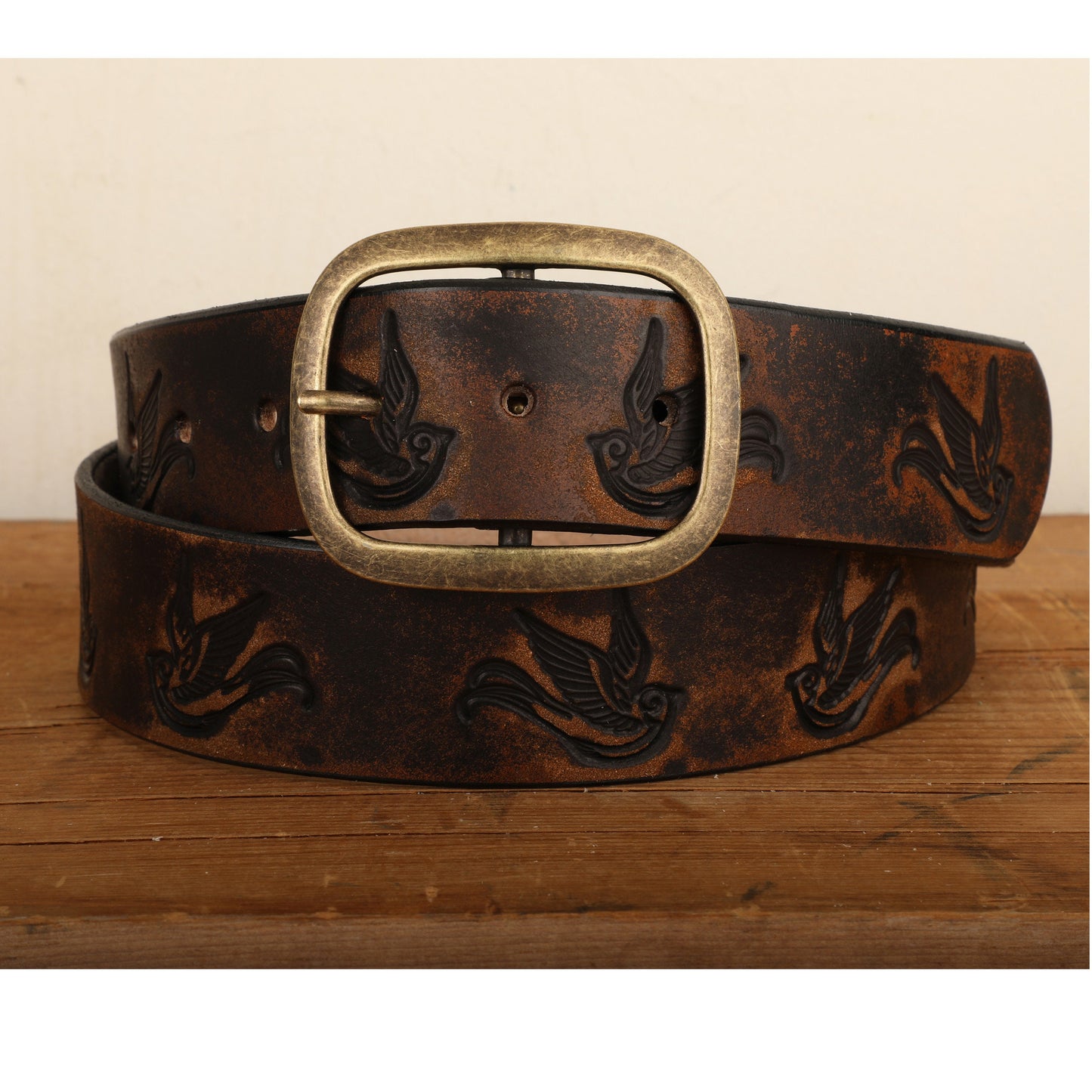 Embossed Sparrow Swallow Bird Vintage Aged Leather Belt in Black and Brown