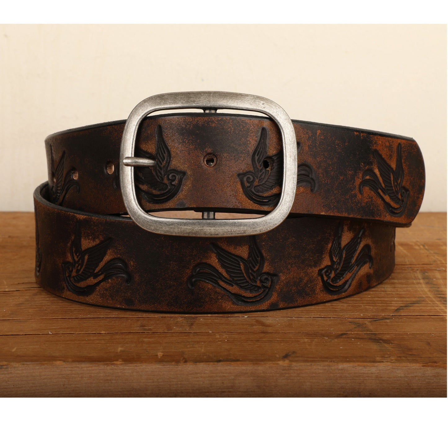 Embossed Sparrow Swallow Bird Vintage Aged Leather Belt in Black and Brown