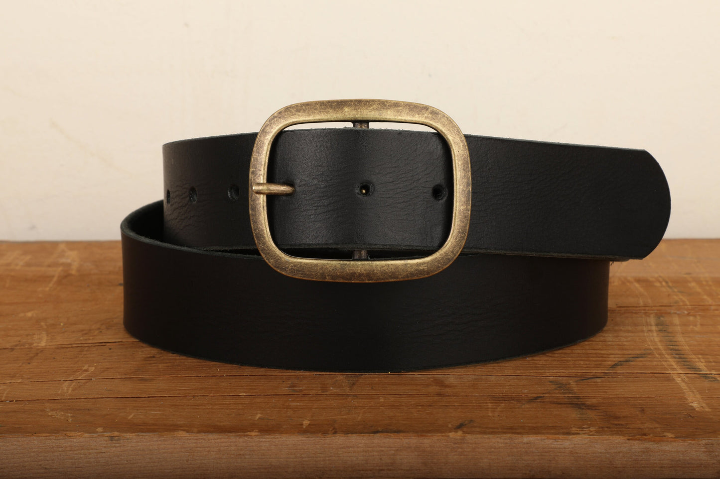 Black Leather Belt with Gold Tone Antique Brass Belt Buckle