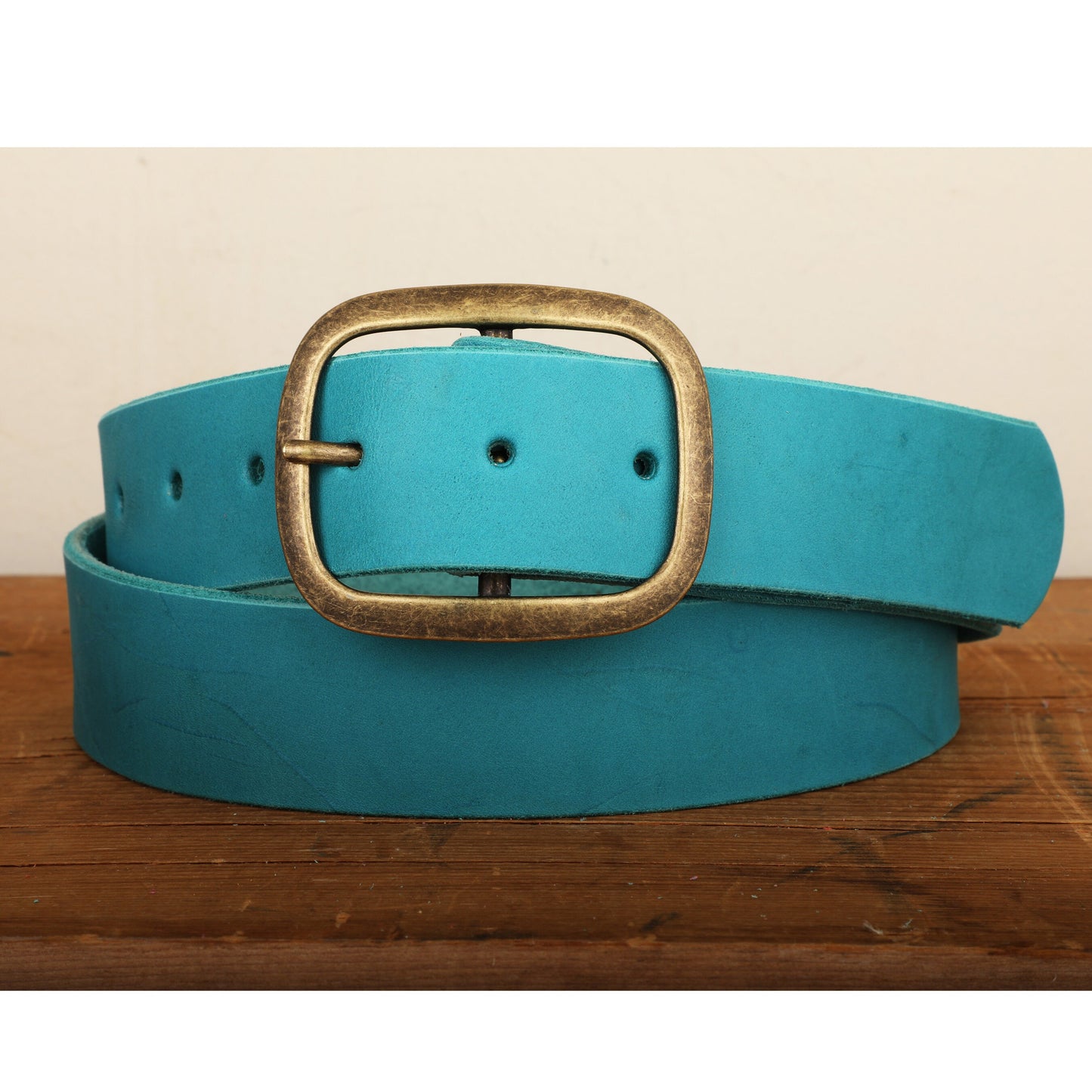 Turquoise Leather Belt with Antique Gold Tone Brass Buckle