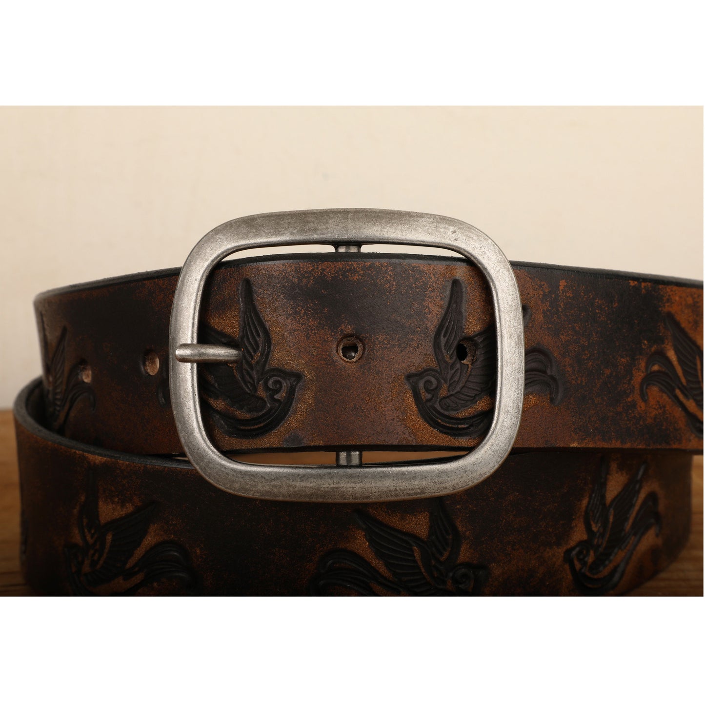 Embossed Sparrow Swallow Bird Vintage Aged Leather Belt in Black and Brown