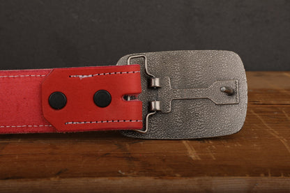 Red Leather Belt with White Stitch and Antique Silver Buckle
