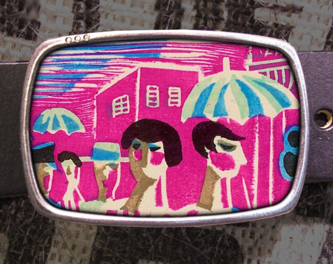 a belt with a picture of people holding umbrellas