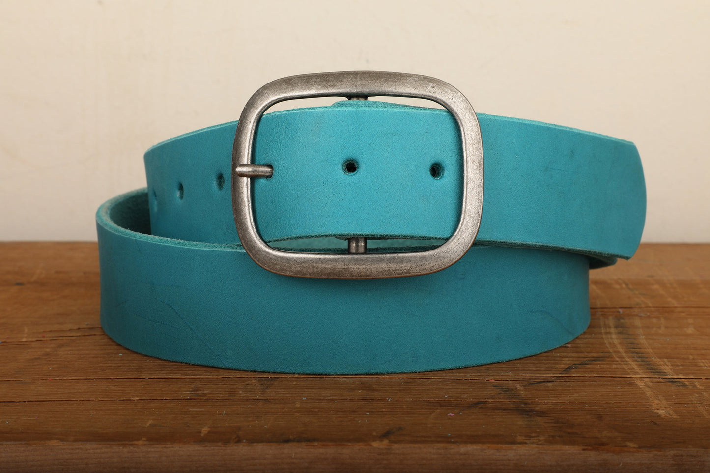 Turquoise Leather Belt Snap Closure - Handmade in USA - Unisex Wide Antique Silver Tone Nickel Buckle