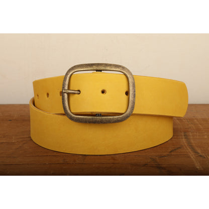 Yellow Leather Belt Snap Closure - Handmade in USA - Unisex Wide Antique Gold Tone Brass Buckle