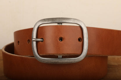 Medium Brown Bridle Leather Belt with Silver Buckle - Handmade in USA - Full Grain Unisex Belt