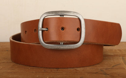 Medium Brown Bridle Leather Belt with Silver Buckle - Handmade in USA - Full Grain Unisex Belt