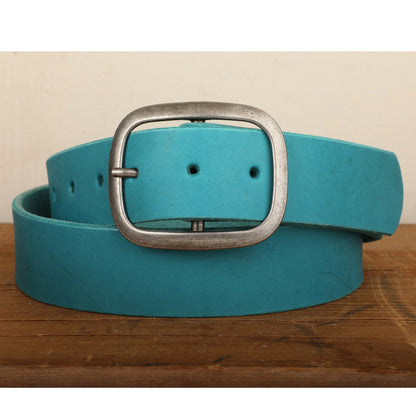 Turquoise Leather Belt Snap Closure - Handmade in USA - Unisex Wide Antique Silver Tone Nickel Buckle