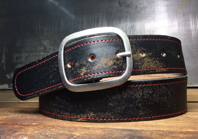 Vintage Aged Distressed Leather Belt with Antique Brass or Silver Buckle
