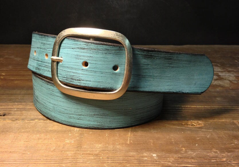 Distressed Light Blue Leather Belt with Antique Brass or Silver Buckle