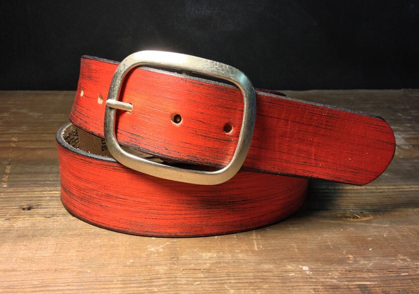 Distressed Red Leather Belt with Antique Brass or Silver Buckle