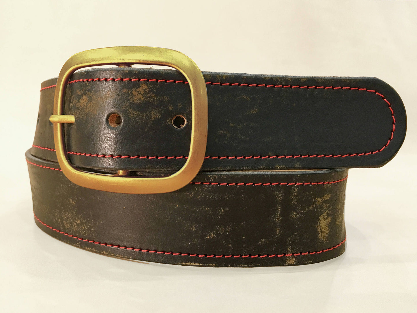 Vintage Aged Black Brown Distressed Red Stitched Leather Belt with Brass Buckle
