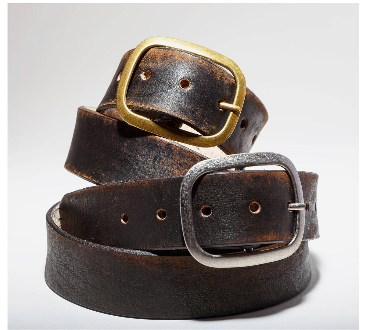 Vintage Distressed Black Brown Leather Belt with Antique 