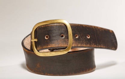 Vintage Distressed Black Brown Leather Belt with Antique Silver or Brass Buckle