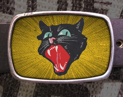 Black Scaredy Cat Halloween Belt Buckle