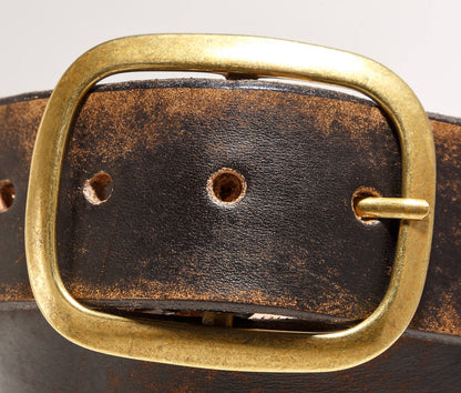 Vintage Aged Distressed Leather Belt with Antique Brass or Silver Buckle