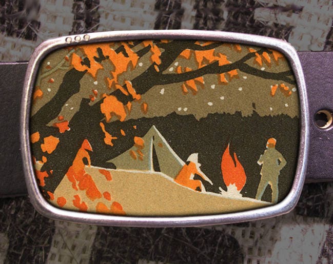Fall Campfire Vintage Screen Print Belt Buckle
