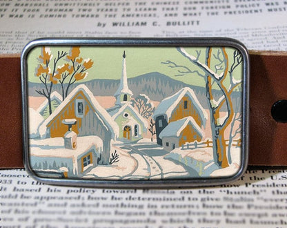 Vintage Paint By Number Painting Belt Buckle Christmas Winter Snow Vintage Ochre Teal Photograph Belt Buckle    Snowman