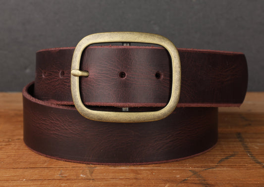 Oxblood Purple Maroon Burgundy Full Grain Leather Belt with Antique Brass Buckle