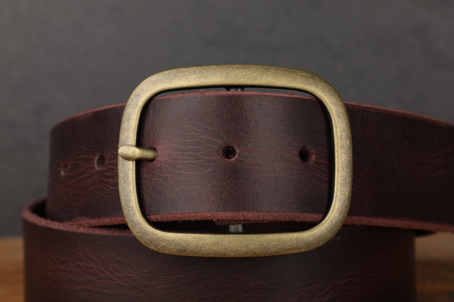 Oxblood Purple Maroon Burgundy Full Grain Leather Belt with Antique Brass Buckle