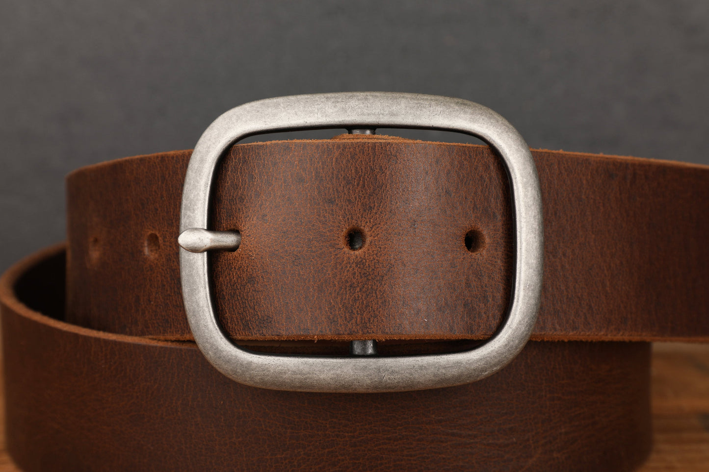 Chocolate Dark Brown Full Grain Leather Belt with Antique Silver Buckle