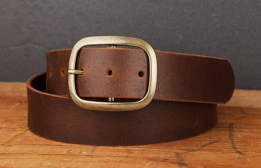 Chocolate Dark Brown Full Grain Leather Belt with Antique Brass Buckle