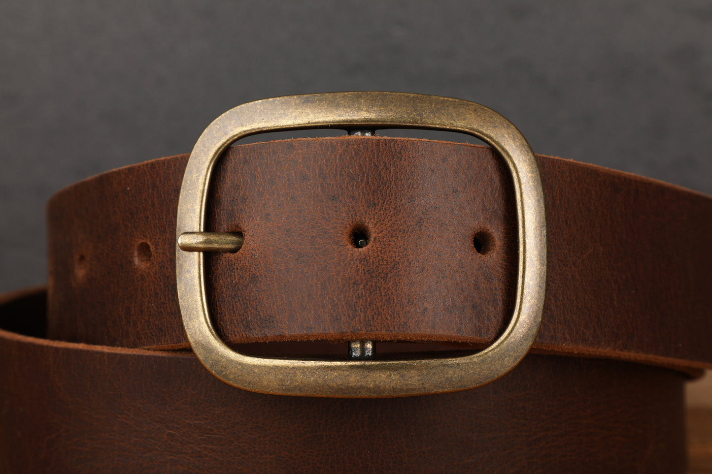Chocolate Dark Brown Full Grain Leather Belt with Antique Brass Buckle