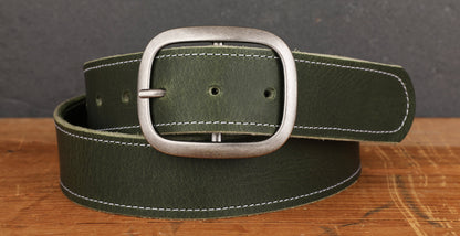 Forest Green with White StitchLeather Belt and Antique Silver Buckle