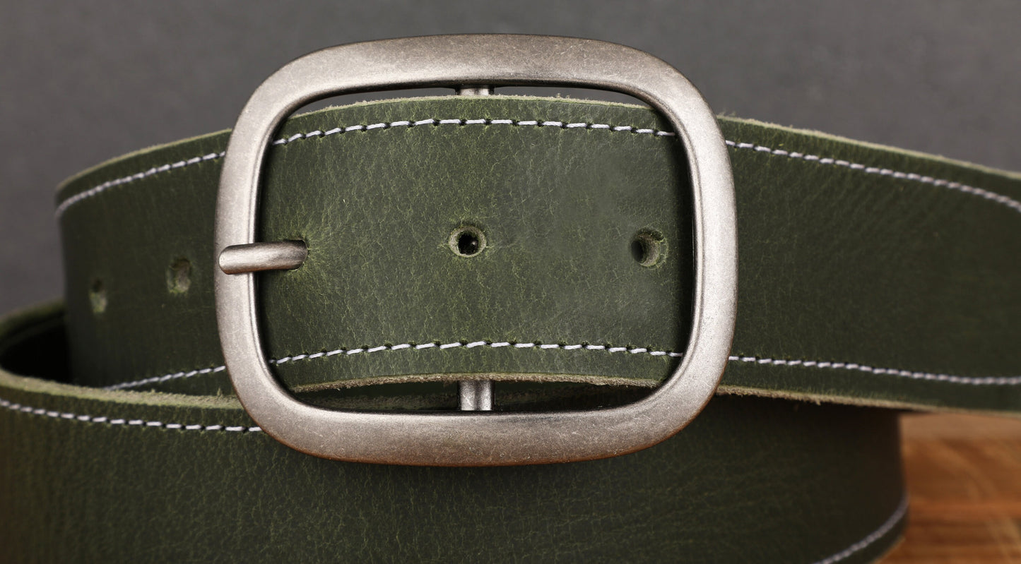 Forest Green with White StitchLeather Belt and Antique Silver Buckle