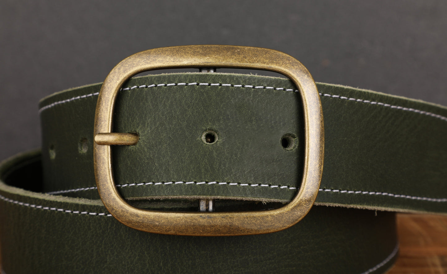 Forest Green White Stitched Full Grain Leather Belt with Antique Brass Buckle