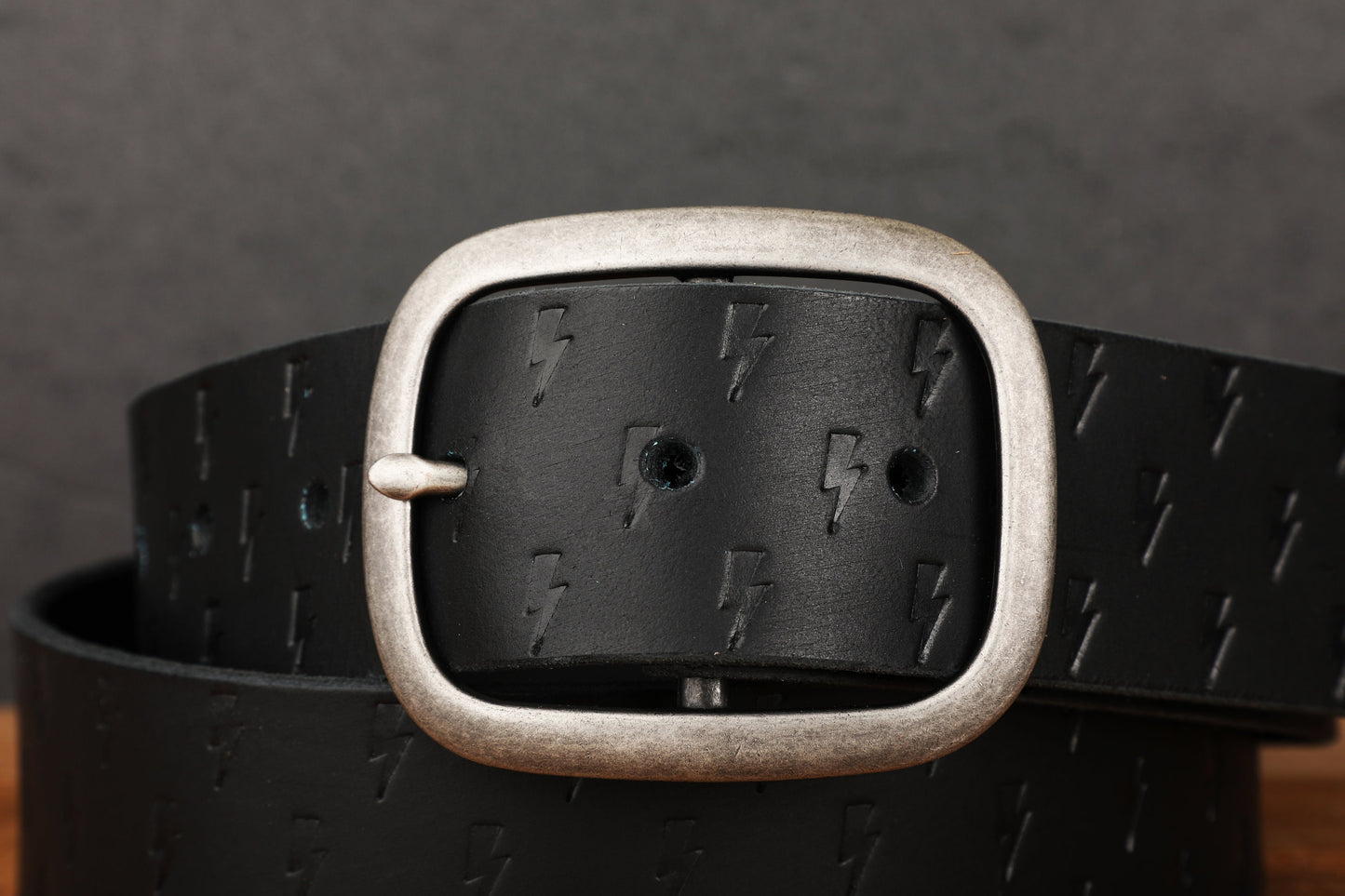 Black Leather Belt with Embossed Lightning Bolts and Antique Silver Buckle