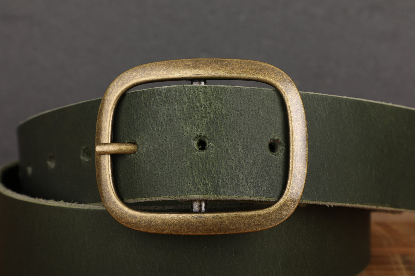 Forest Green Full Grain Leather Belt Antique Brass Buckle in Water Buffalo