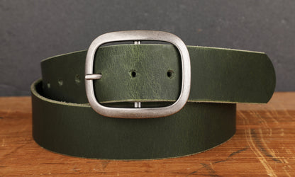 Forest Green Full Grain Leather Belt with Antique Silver Buckle