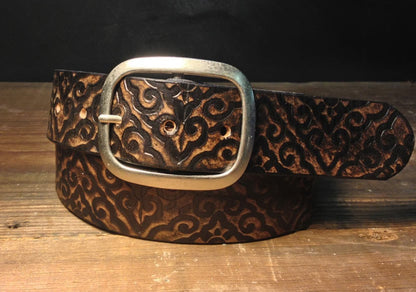 Embossed Damask Pattern Leather Belt in Vintage Aged Leather