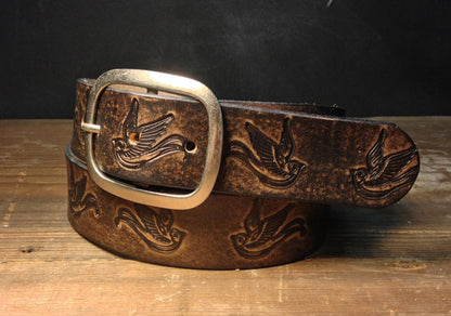 Embossed Sparrow Swallow Bird Vintage Aged Leather Belt in Black and Brown