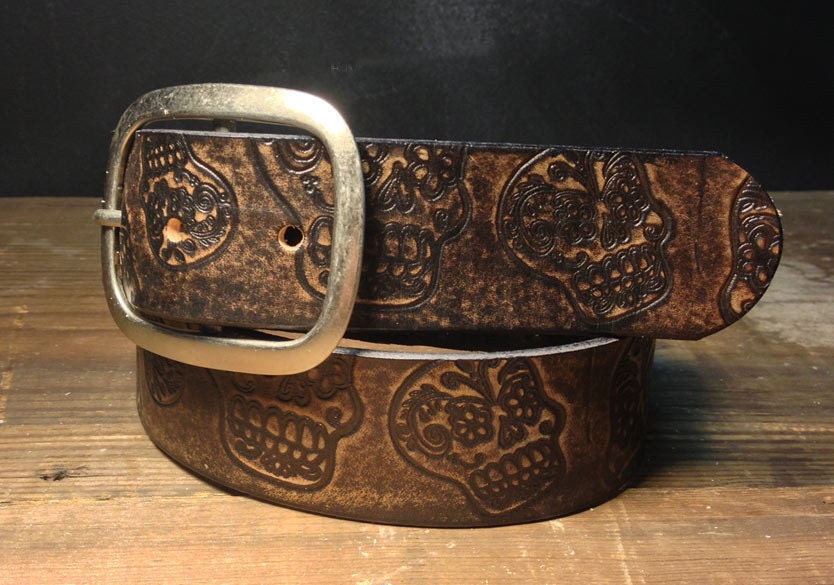 Sugar Skull Embossed Vintage Distressed Aged Leather Snap Belt